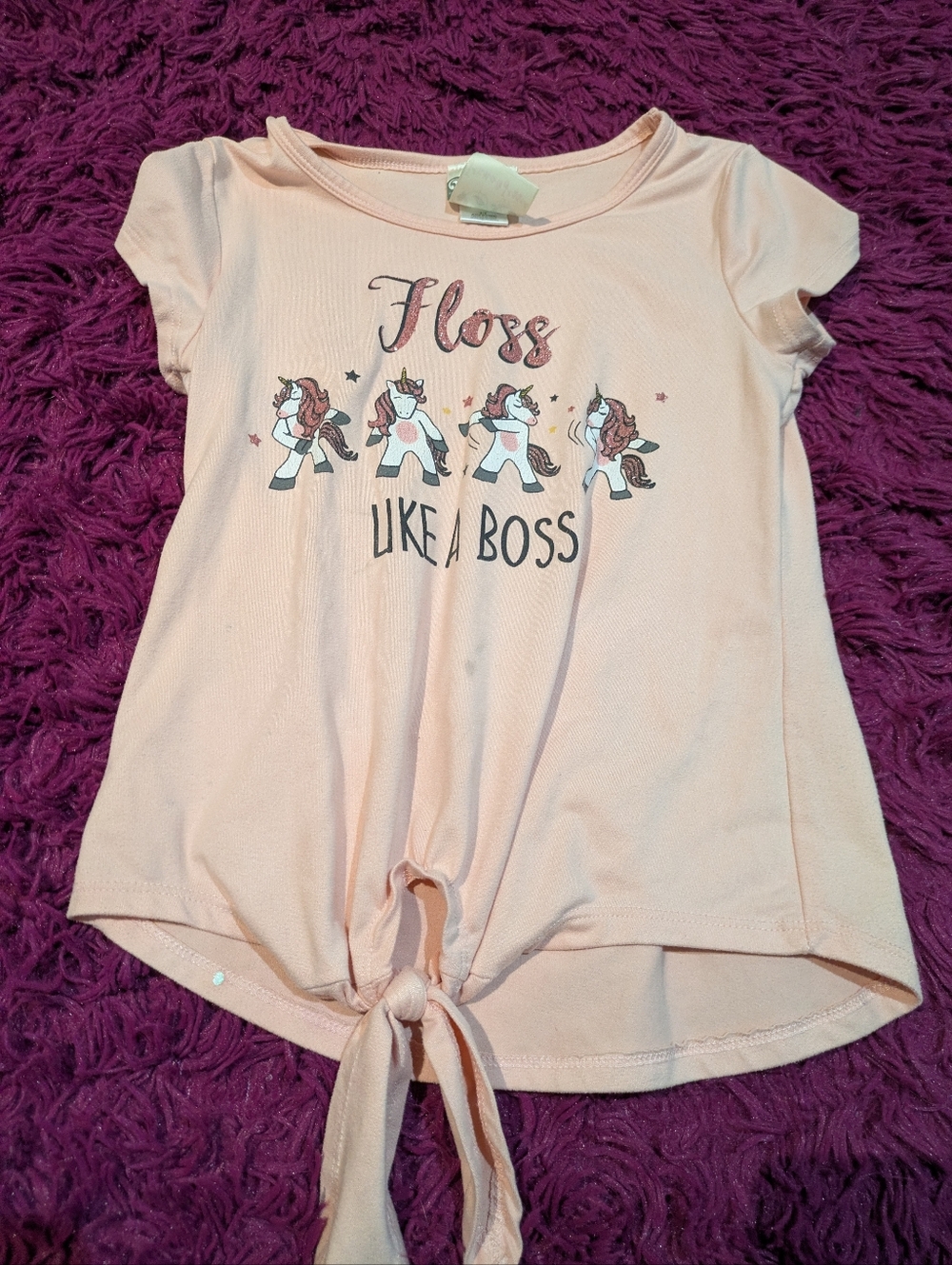 🦋5/25$ Girls' Pink Tie-Front Tee - Floss Like a Boss Unicorn Graphic